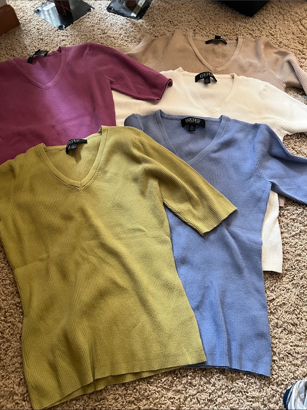 Women’s V-Neck Ribbed Shirts - Blue, Pink, Green, Tan and cream